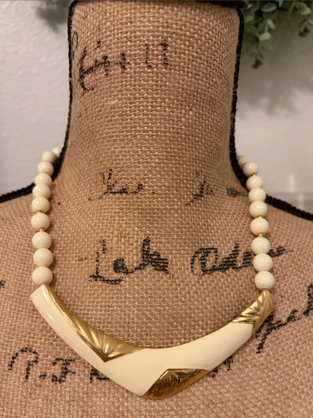 Vintage Cream and Gold Statement Bib Necklace